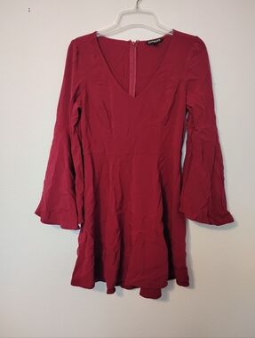 Express Red V-Neck Fit and Flare Dress Bell Sleeves